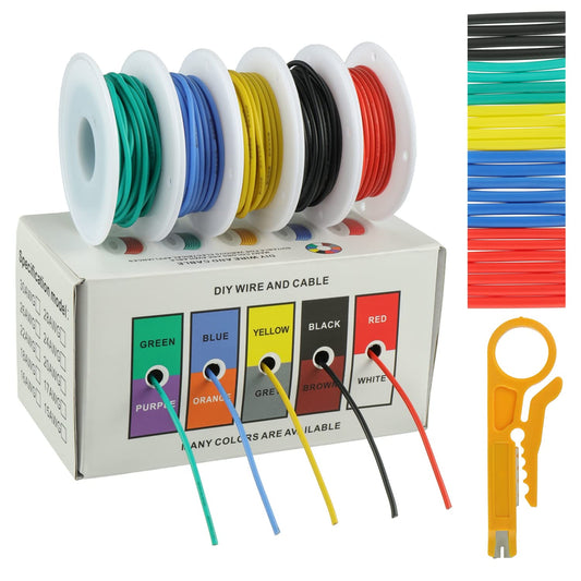 BOJACK 20 AWG Flexible Silicone Wire Electric Wire Hook up Wire Kit 300V Cables with Plus 20 φ3mm Heat Shrink Tubings and a Mini Wire Stripper(5 Colors 19.69Ft Each Color, 20AWG)