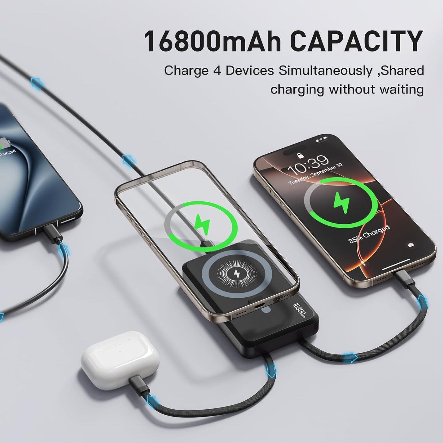 2025 Latest Magnetic Wireless Power Bank, 16800mAh Portable Charger with 2 Built in Cables, LED Display Magnetic Battery Pack Travel Essentials for iPhone 16/15/14/13/12/Pro/Mini/Pro Max Andriod