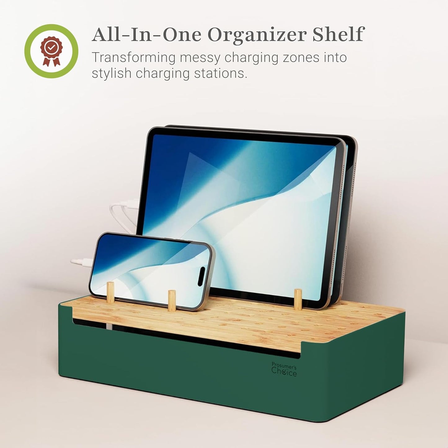 Prosumer's Choice Bamboo Charging Station - Multi Charger Station Organizer - Desk Docking Station for Phones, Tablets, Laptop - Wooden Charging Station with Removable Dividers - Cables Not Included