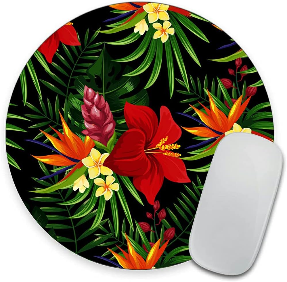 Rainforest Seamless Pattern Tropical Leaves, Tropical Jungle Plants and Exotic Flowers Round Mousepad, Personalized Custom Design Mouse Pads，Mousepad for Laptop Computers(plant1)