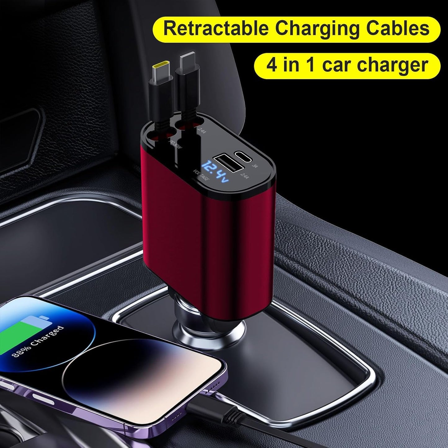 Retractable Car Charger Compatible with Galaxy Pixel, 4 in 1 Fast Charging 60W, Retractable Phone Charger for Car Retractable Cable and 2 USB Ports