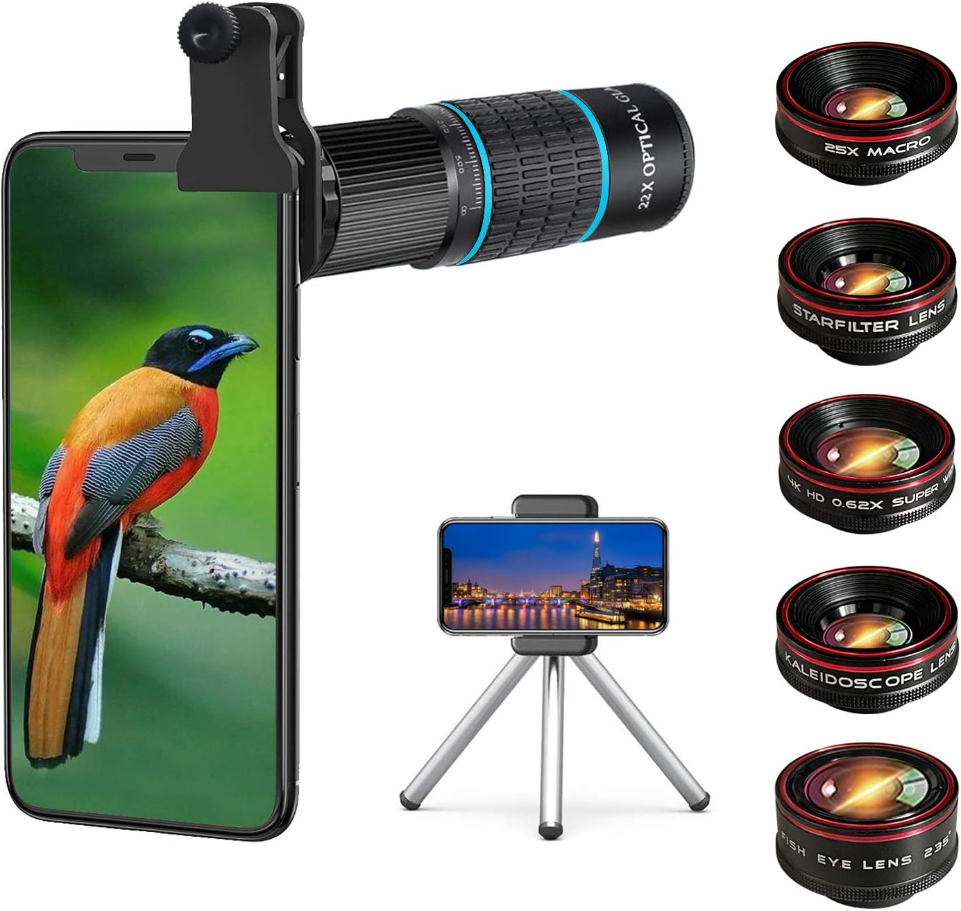 Phone Camera Lens Kit 10 in 1 for iPhone Samsung Pixel Android, 22X Telephoto Lens, 0.62X Super Wide Angle Lens&25X Macro Lens, 235° Fisheye,Kaleidoscopes, Starlight，Tripod，for Most Smartphone Black