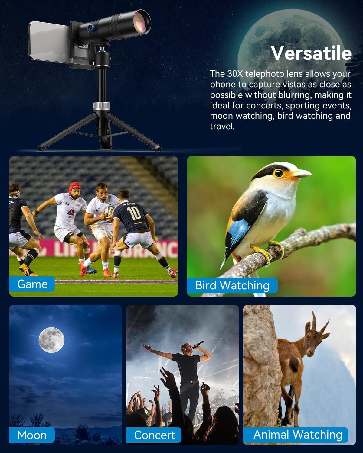 MIAO LAB 30X Telephoto Lens, High Power HD Telephoto Phone Lens with Adjustable Tripod and Universal Phone Clip, Phone Lens Attachment for Android & iPhone