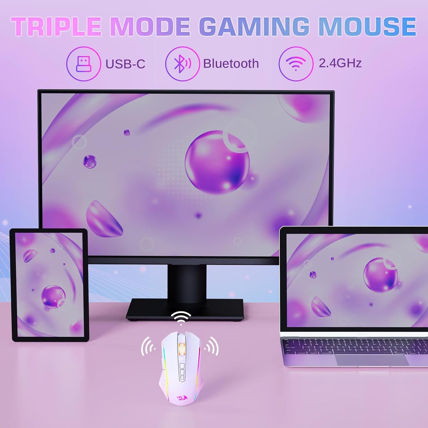 Redragon Wireless Gaming Mouse, Tri-Mode 2.4G/USB-C/Bluetooth Mouse Gaming, 12000 DPI, RGB Backlit, Fully Programmable, Rechargeable Wireless Computer Mouse for Laptop PC Mac, White