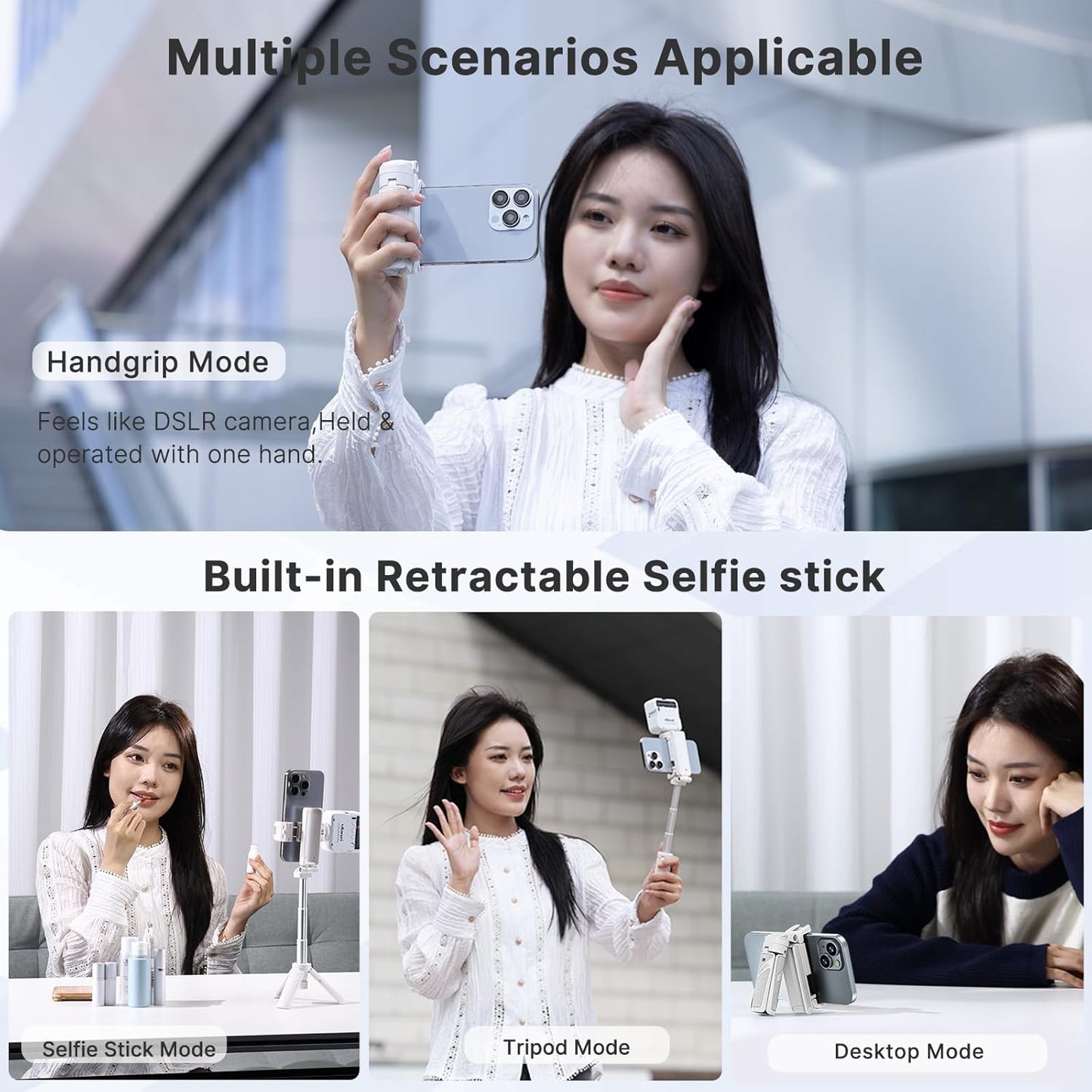 ULANZI JJ02 Selfie Stick Tripod, Extendable Grip Phone Tripod w Detachable Remote Pocket Size, 3-in-1 Mini Phone Grip 2 Cold Shoe, 10m/393.7'' Wireless Shutter, Vlog Livestreaming Photography(White)