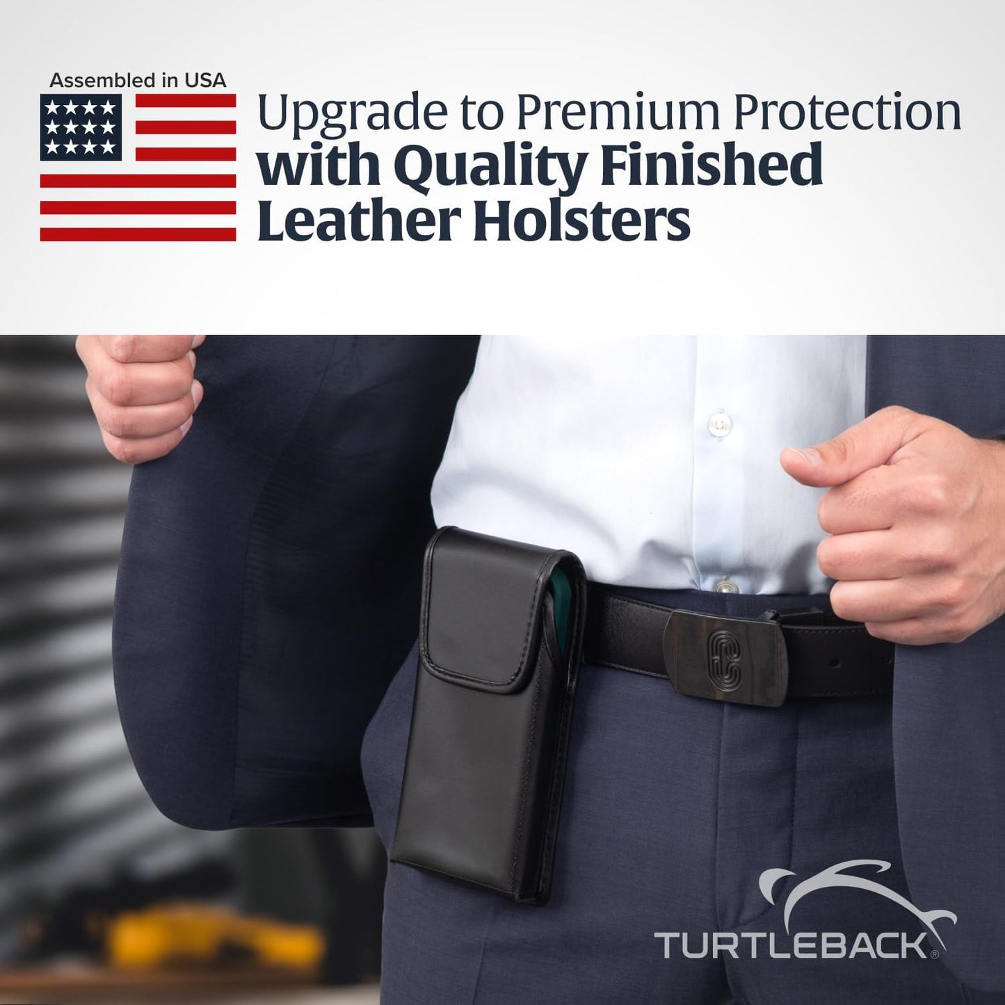 Turtleback Belt Holder for iPhone 16 Pro Max, 15 Pro Max, 14 Pro Max -Small- Fits w/Slim MagSafe Style Cases, Premium Black Leather Vertical Belt Holster Magnetic Closure Leather Wrapped Clip