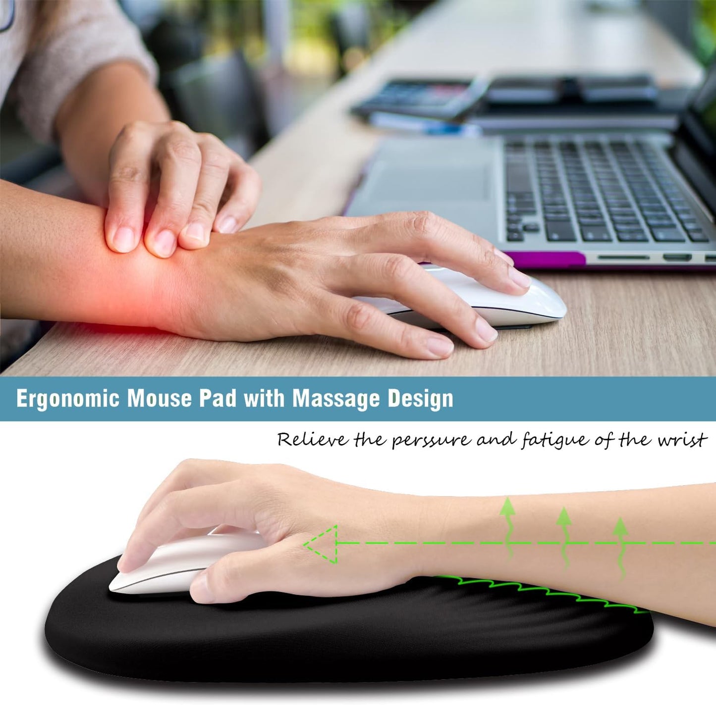 Black Ergonomic Mouse Pad Wrist Support, Mouse Pad with Wrist Rest, Memory Foam Massage Design & Non-Slip PU Base Cute MousePads for Pain Relief, Desk, Office, Home