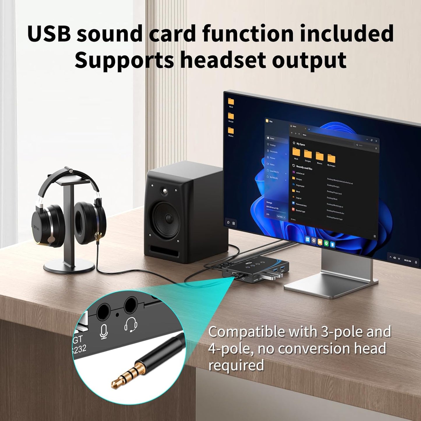 eKL USB 3.0 Switch 4 Computers Sharing USB Peripherals, 4 Port USB Switcher Sharing Mouse Keyboard Scanner Printer, with 3.5mm Headset Jack Audio Out, Includes 4 USB 3.0 Cables and Remote