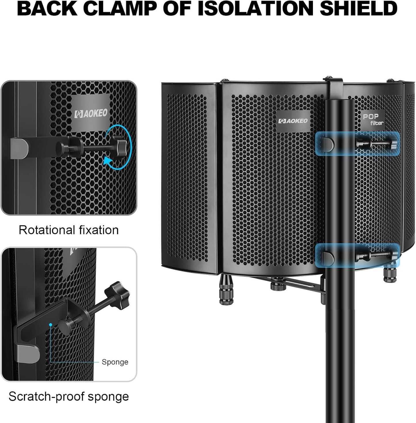 Professional Studio Recording Microphone Isolation Shield, Pop Filter,High density absorbent foam is used to filter vocal. Suitable for Blue Yeti and other condenser microphones (AO-504 With Stand)
