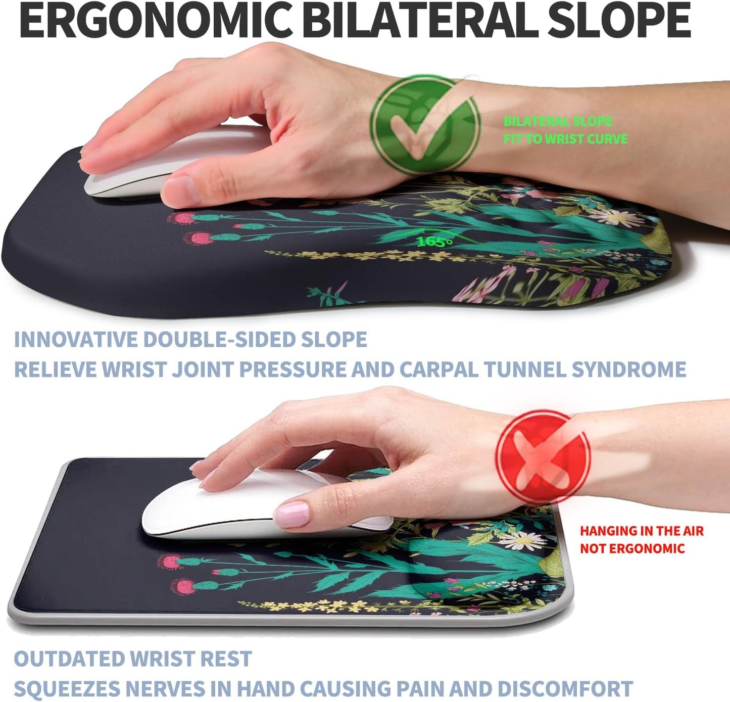 Ergonomic Raised Mouse Pad Wrist Support with Bilateral Slope Memory Foam Mousepad for Wrist Rest and Carpal Tunnel Pain Relief 11.8x7.9〃Midnight Flowers