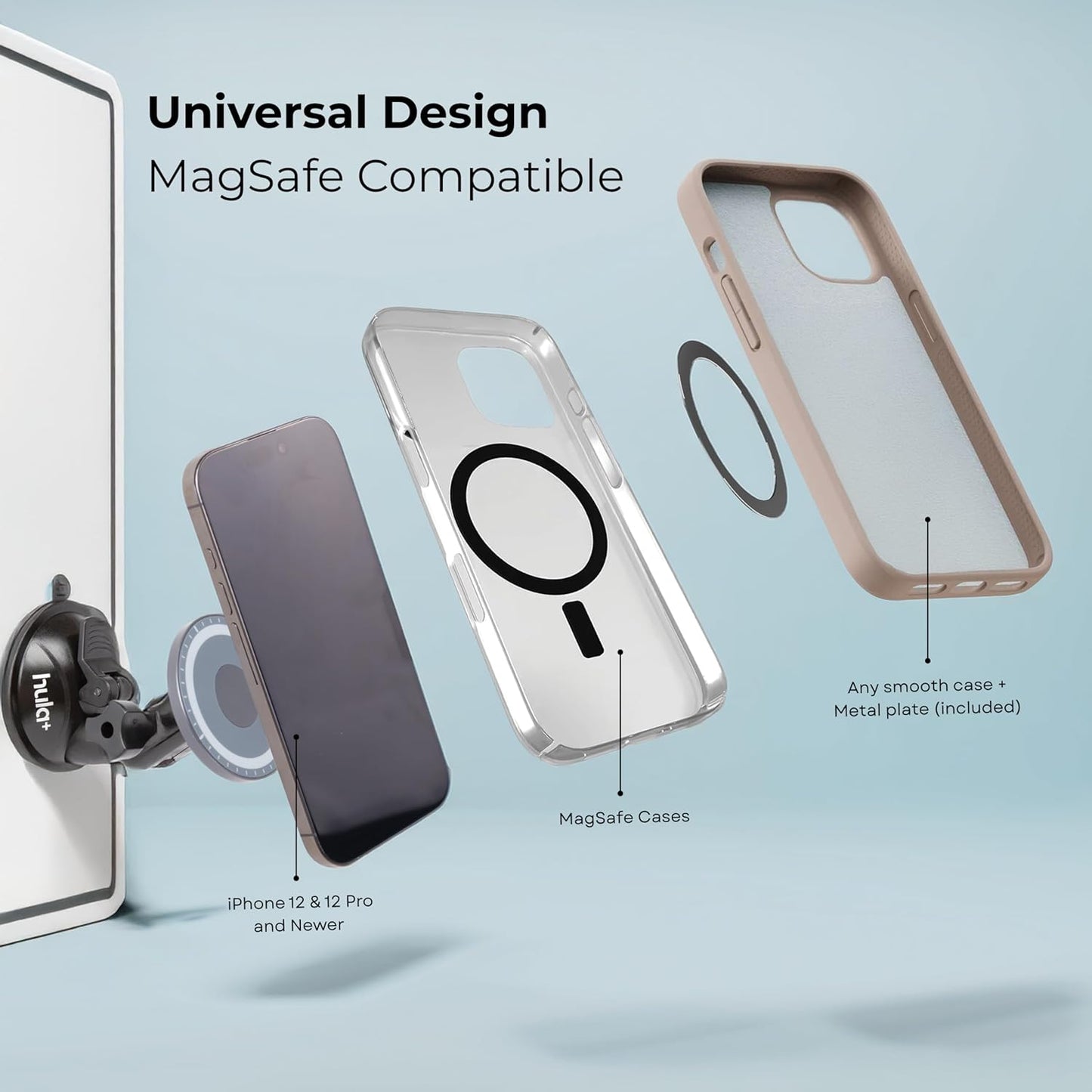 hula+ MagSafe Phone Holder Portable Mount, Reusable Stand for Shower, Mirror, Kitchen, Window, & Bathroom Compatible with MagSafe Adjustable Rotation for Content, TikTok, Movies & Music