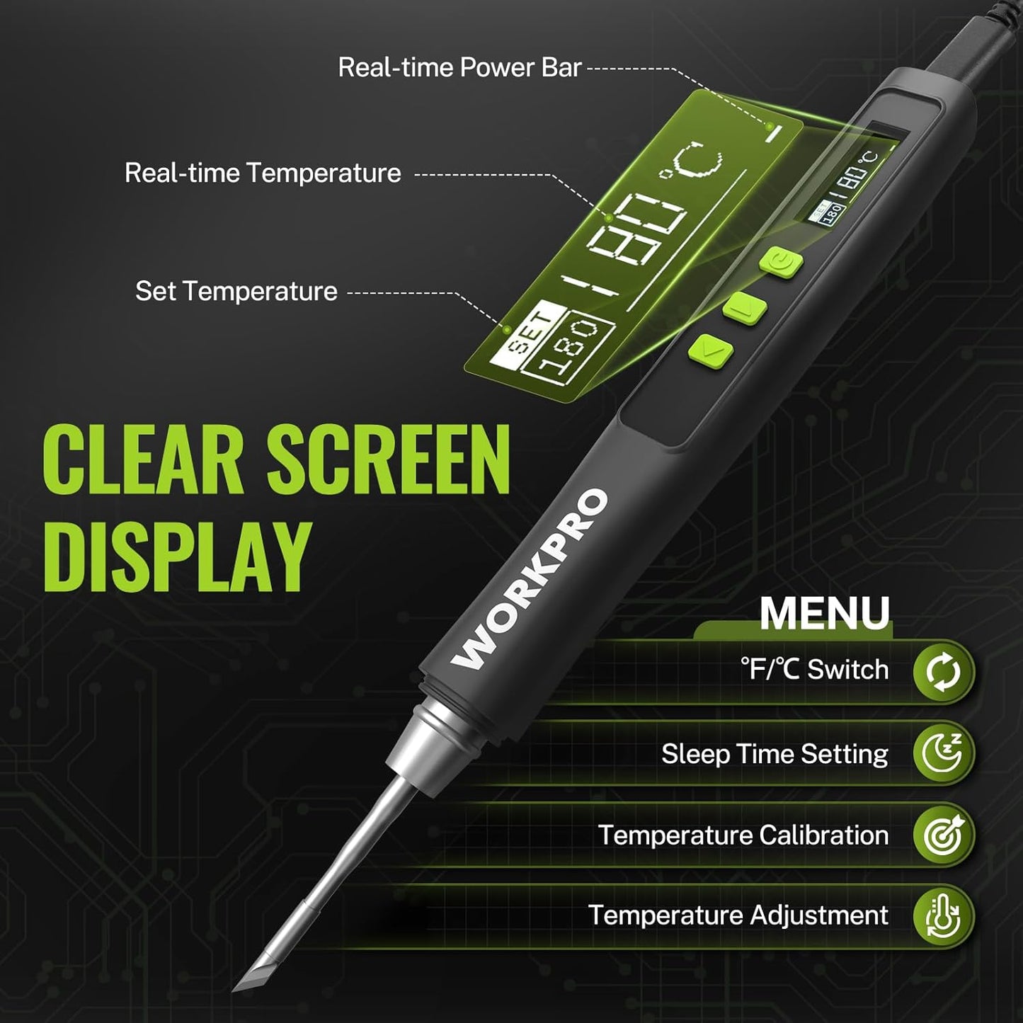 WORKPRO DC Soldering Iron Kit, Fast Heating Soldering Iron Pen with 3 Tips, Portable Lightweight Solder Iron for Electronics, Metal, DIY, Accurate Temp Control, OLED Screen Display, PD/QC Protocols