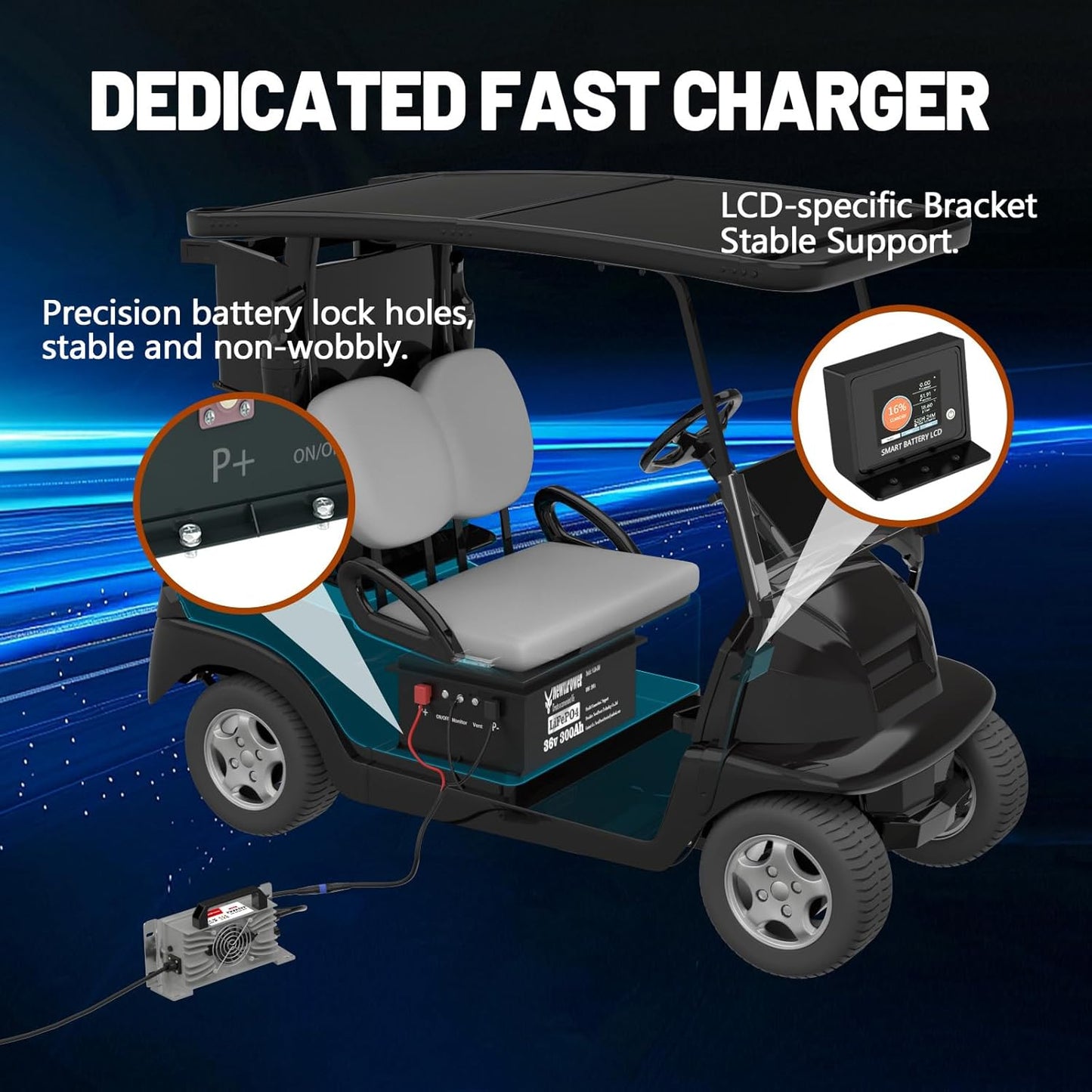 36V 300Ah Golf Cart Lithium LiFePO4 Battery with Charger and 200A BMS Grade A Cells Deep Cycle Rechargeable Battery,10000+ Cycles,Perfect for Golf Cart,Off Grid Applications (36V 300Ah-GC)