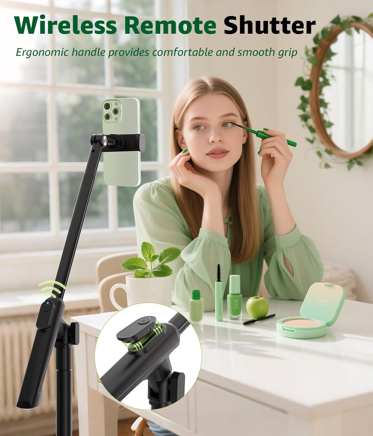 Phone Floor Stand, Overhead Phone Mount with Extendable Horizontal Arm & Remote, 360° Rotatable Extension Arm, Adjustable Tripod Stand for iPhone Video Recording, Photography, Live Streaming