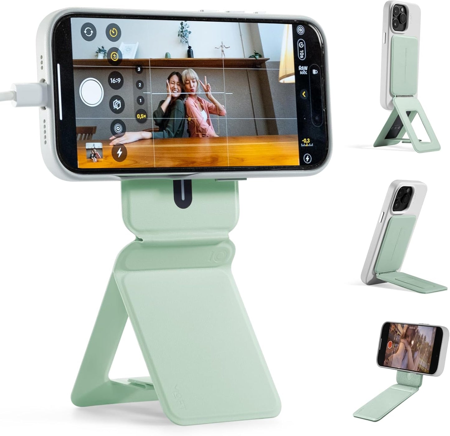 MOFT Phone Tripod Stand Selfie Stick for iPhone, Multi-Angles iPhone Stand, Lightweight & Portable Phone Holder, Strong Magnets, MOVAS Vegan Leather, Travel Essentials, Peppermint (Without Card Slot)