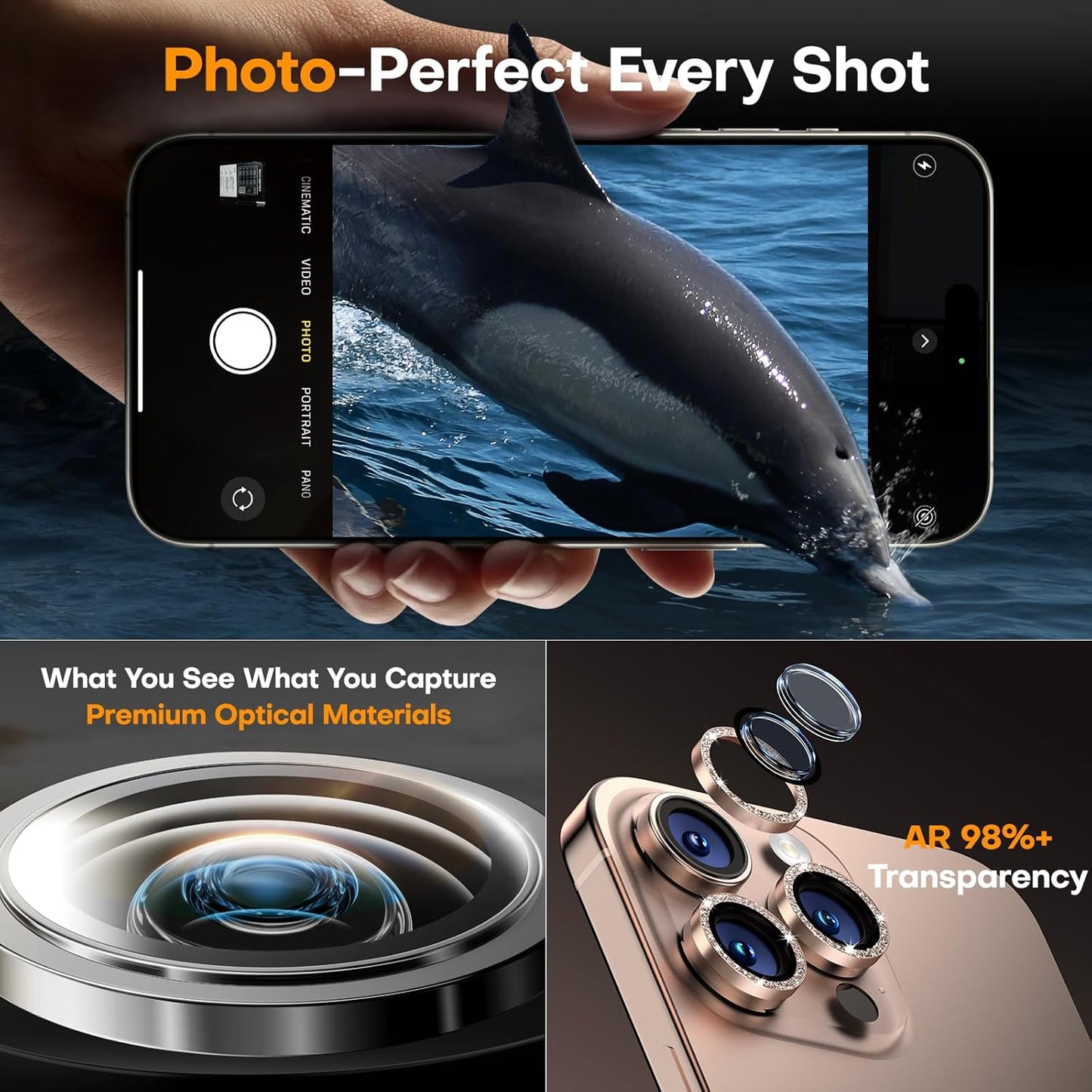 Camera Lens Protector for iPhone 16 Pro Max/16 Pro/15 Pro Max/15 Pro/14 Pro Max/14 Pro, Sapphire Glass Metal Individual Camera Cover Screen, Anti-drop, Case Friendly- Glitter Desert Titanium