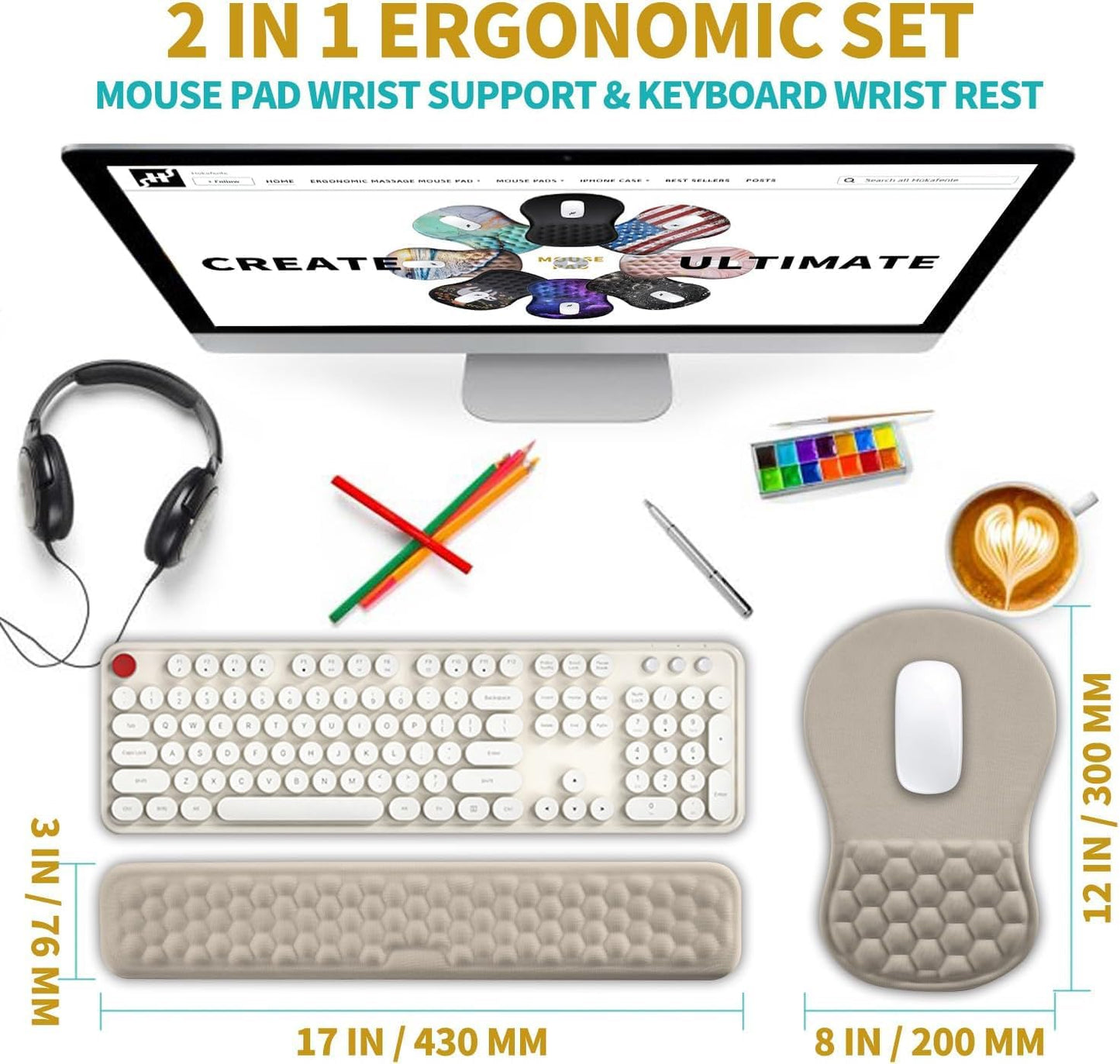 Hokafenle 2 in 1 Ergonomic Mouse Pad Wrist Support & Wrist Rest for Computer Keyboard Set, with Relieve Carpal Tunnel Pain Massage Bulge and Full Memory Gel Design (2In1 Set - Apricot)
