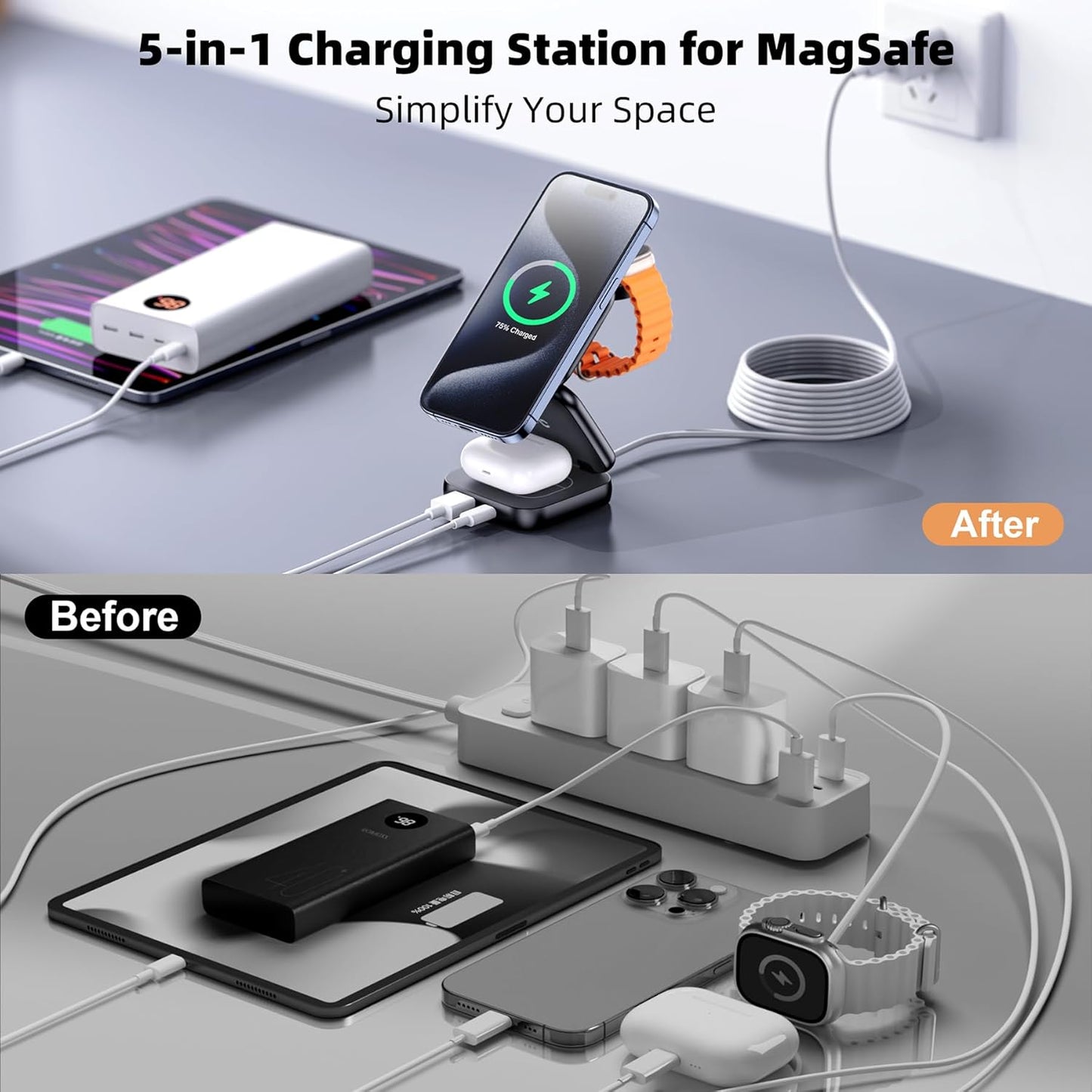 5-in-1 Wireless Charger for MagSafe, AC ISLAND Portable Travel Charging Station, 15W Max Fast Foldable Magnetic Stand, Evolved for iPhone 16/15/14/13 Series, Apple Watch, AirPods (with 35W Adapter)