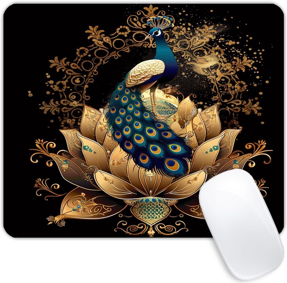Square Mouse Pad Peacock on Golden Lotus-1,Gaming Mouse Pads for Desk,Soft Computer Waterproof Non-Slip Mouse Mat