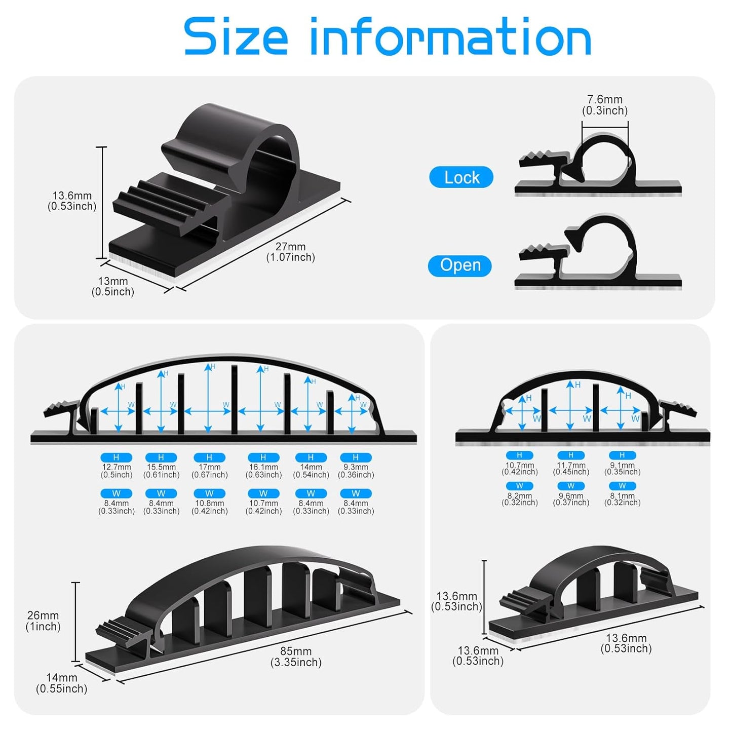 XHF 30pcs Adhesive Cable Wire Clips Kit Black, Outdoor Cable Management Wire Organizer Cord Holder for Under Desk, Car, Wall, TV PC Ethernet Cable