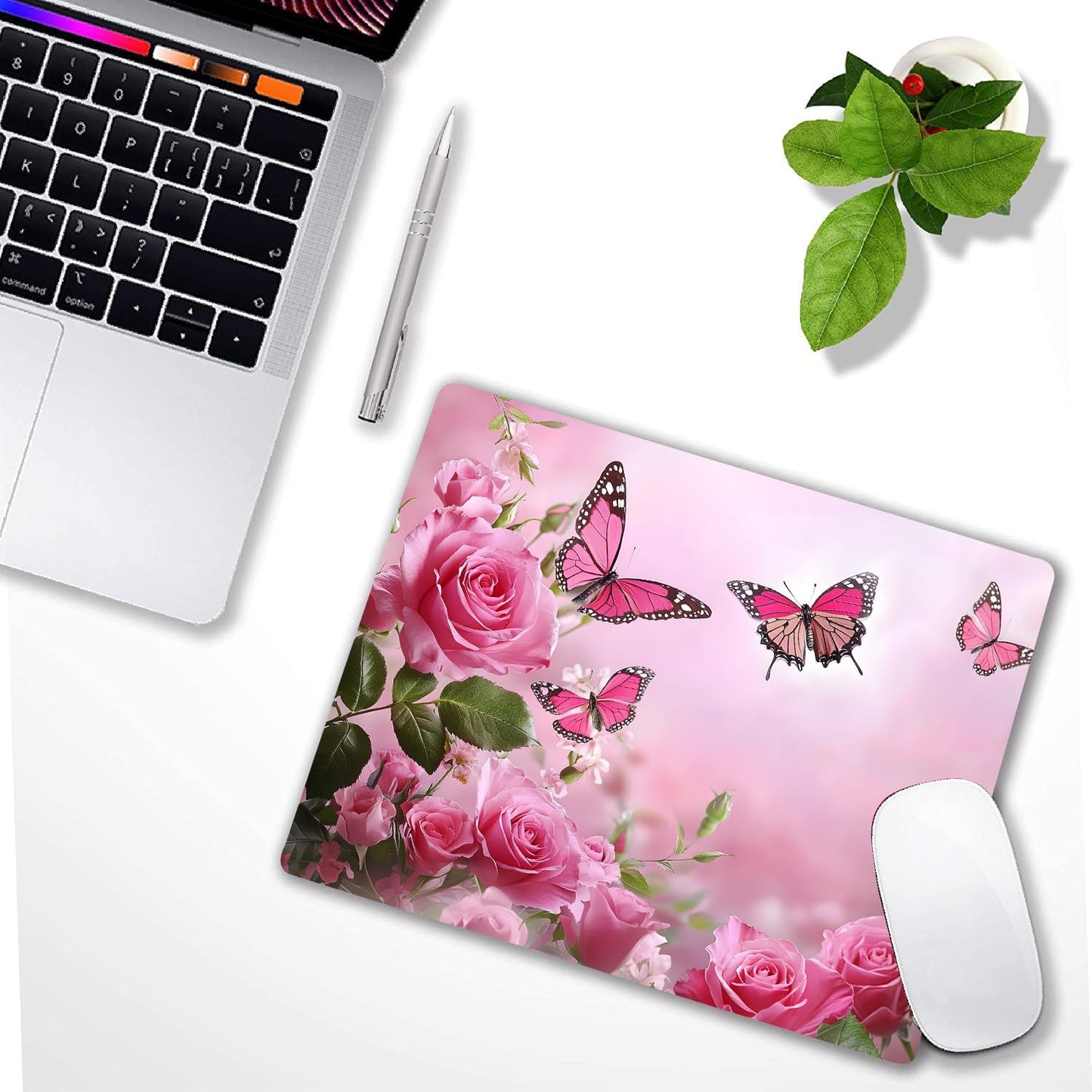 Cute Butterfly Pink Rose Flower Custom Mouse Pad with Non-Slip Rubber, Small Square Design for Wireless Laptop & Computer Mouse Pads for Desk, 9.5 x 7.9 inch Smooth Surface for Gaming & Office