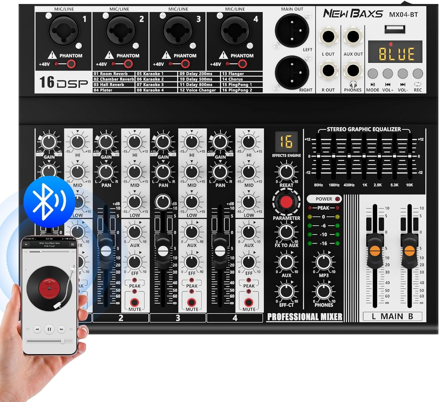 Professional Audio Mixer, 4 Channel Audio Interface Sound Board Mixing Console System Monitor, NEW BAXS 16-Bit DSP DJ Bluetooth Mixer +48V Phantom Effect For Karaoke Studio Streaming Recording