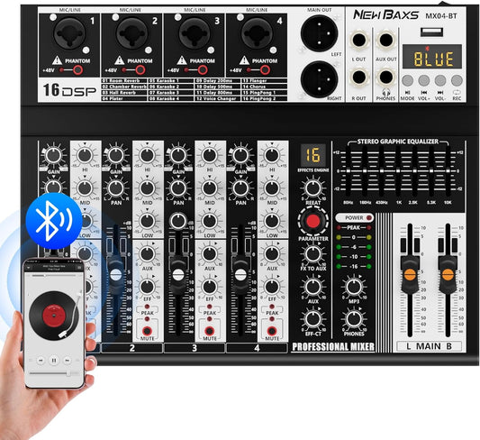 Professional Audio Mixer, 4 Channel Audio Interface Sound Board Mixing Console System Monitor, NEW BAXS 16-Bit DSP DJ Bluetooth Mixer +48V Phantom Effect For Karaoke Studio Streaming Recording