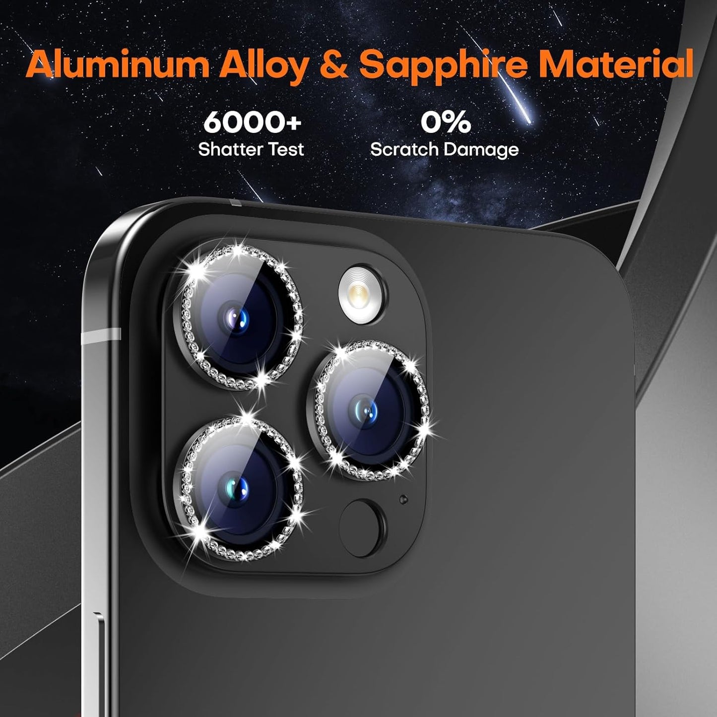 Camera Lens Protector for iPhone 16 Pro Max/16 Pro/15 Pro Max/15 Pro/14 Pro Max/14 Pro, Aluminum Alloy Sapphire Glass Camera Screen Cover, Case Friendly- Black Diamond