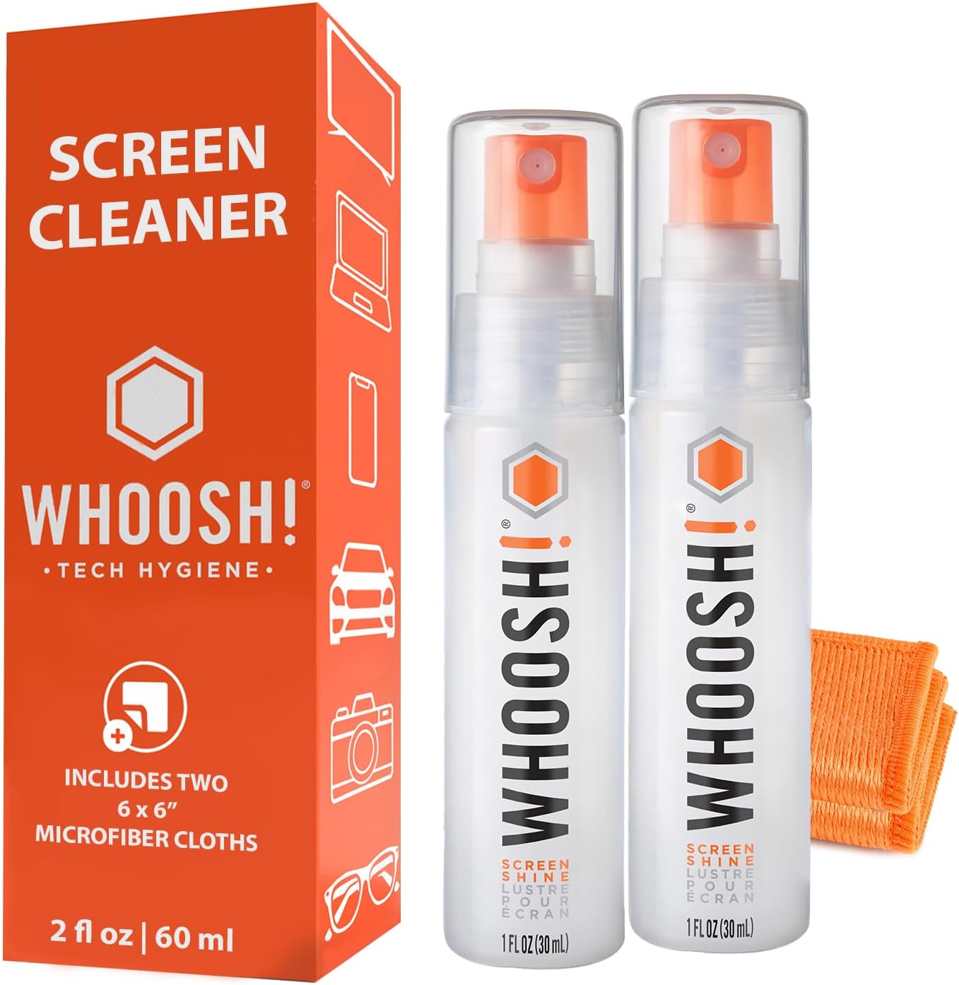 WHOOSH! Screen Shine Go 2-Pack – Two 1 fl oz Refillable Touchscreen Cleaners with Microfiber Cloths for Car, iPad, Laptop and Eyeglasses – Powerful Streak-Free Cleaning – Pocket-Sized, TSA-Approved