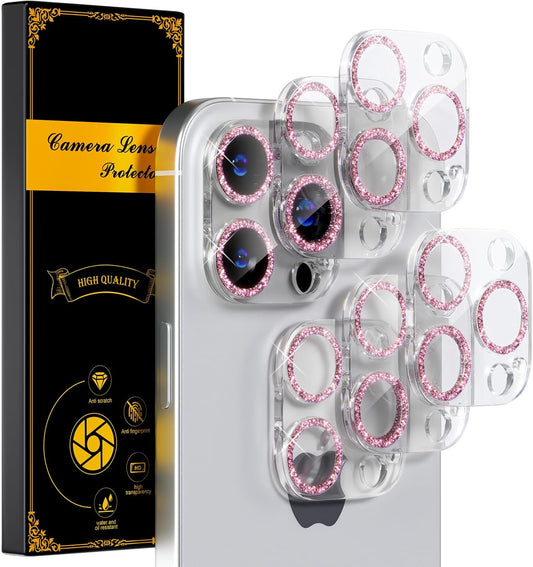 beuxece for 6 Pack iPhone 15 Pro/iPhone 15 Pro Max Camera Lens Protector [Drop Protection] [Case Friendly] [Easy Installation] 9H Tempered Glass Camera Screen Protector Cover, Glitter Pink