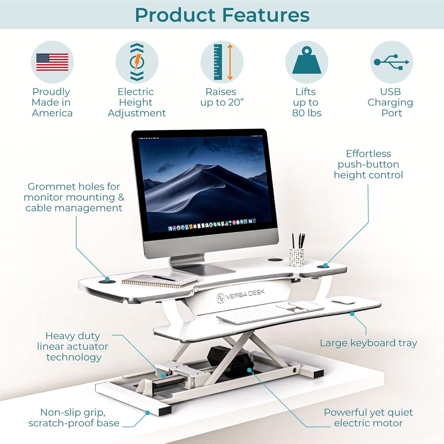 VERSADESK® Electric Standing Desk Converter, 40 Inch Large PowerPro™ Height Adjustable Sit to Stand Desk Riser with Keyboard Tray, Built-in USB Charging Outlet, Ergonomic Workstation, White