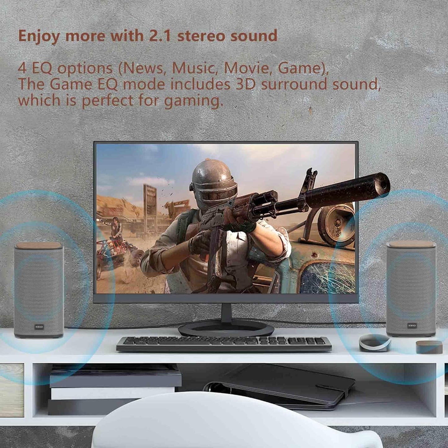 KEiiD 2.1 Bluetooth Computer Speakers with Wireless Subwoofer and Wireless Touchpad for Desktop Laptop Pc Stereo Gaming Speakers, 4 EQ Modes, Aesthetic Style with Great Sound Quality
