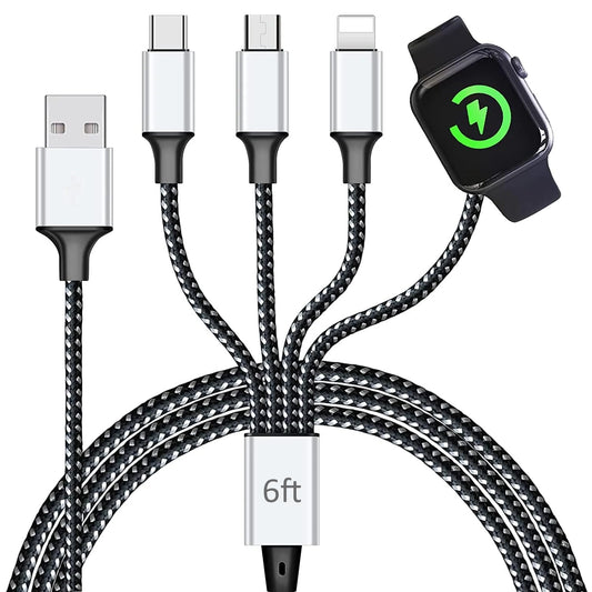 Multi Charging Cable for Apple Watch, Magnetic Wireless Charger, 4 in 1 Nylon Braided Cord for Multiple Devices, USB C/Micro Port/Compatible with iWatch Series 10-1/iPhone 16 15 14/iPad/Android - 6FT