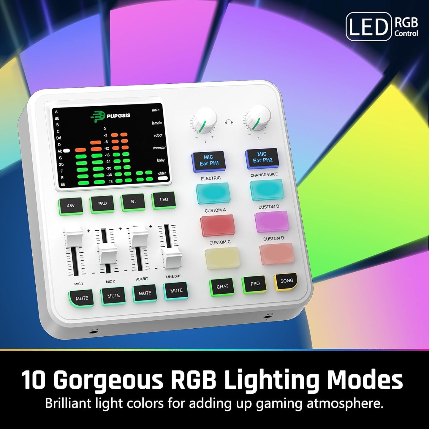 PUPGSIS qwe Gaming Audio Mixer, Audio Interface for PC/Podcast/Streaming, Sound Board with 3.5mm/XLR Mic Input, 48V Phantom Power, Voice Changer, Live Sound Card with DJ Mixer Effects(White)