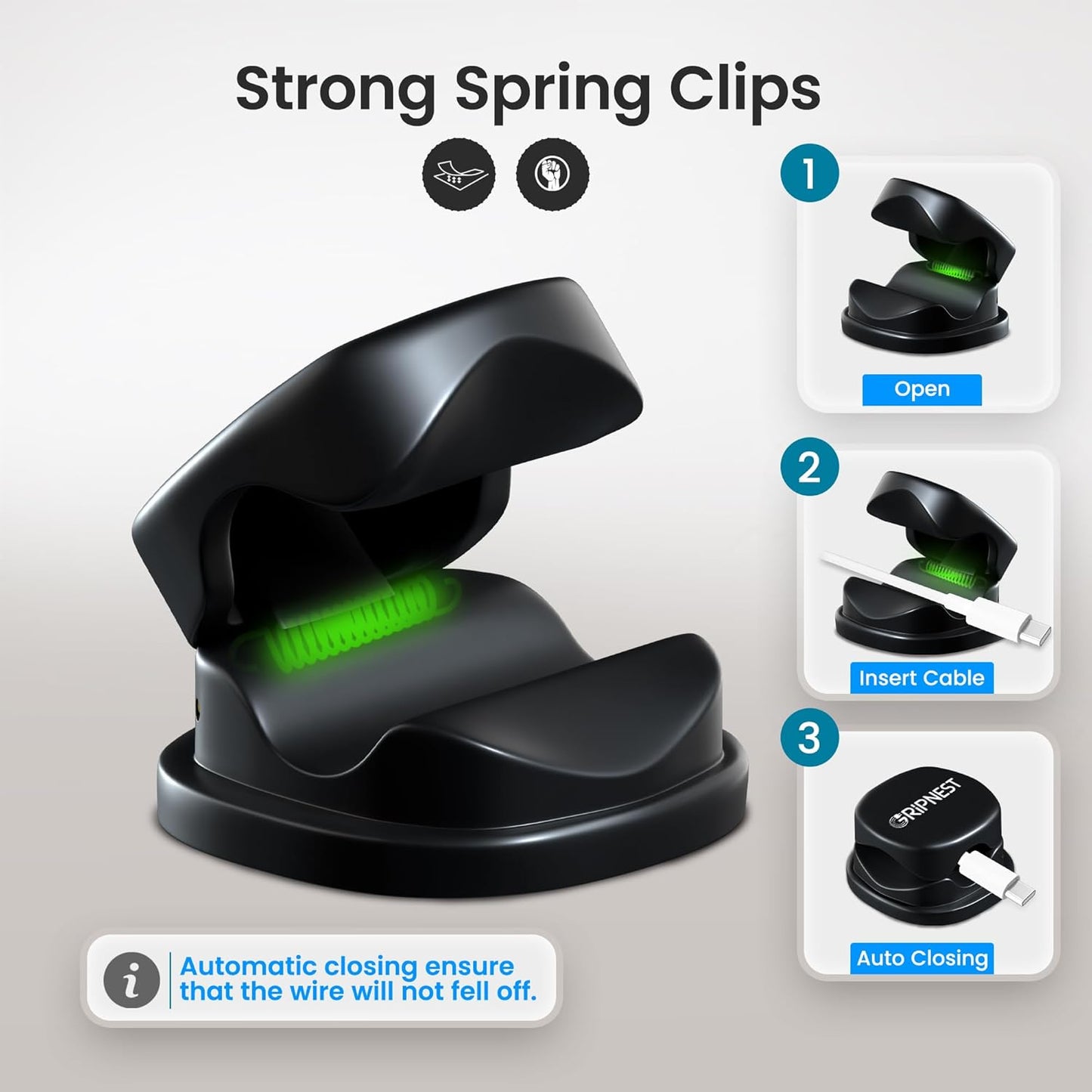 6 Pack Adhesive Cable Clips Black Spring Loaded Cord Holders for Nightstand, Desk, Wall, Car, or Bedside Ideal Charging Cable Organizer for Home or Office Setup