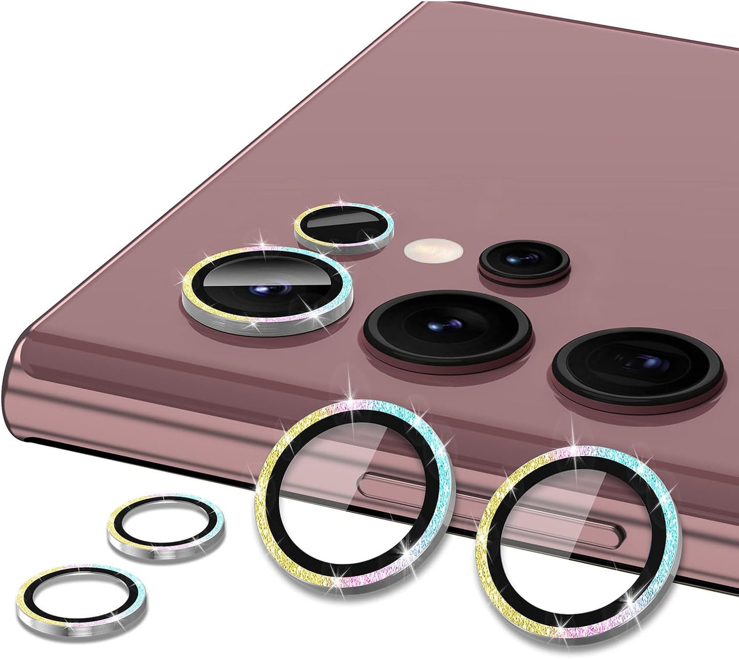 for Samsung Galaxy S22 Ultra Camera Lens Protector, Individual Metal Ring Tempered Glass Lens Cover, [Strong Adsorption] Scratch Resistant Ultra-Thin HD Clear Lens Cover,1 Set-Colorful Sparkly