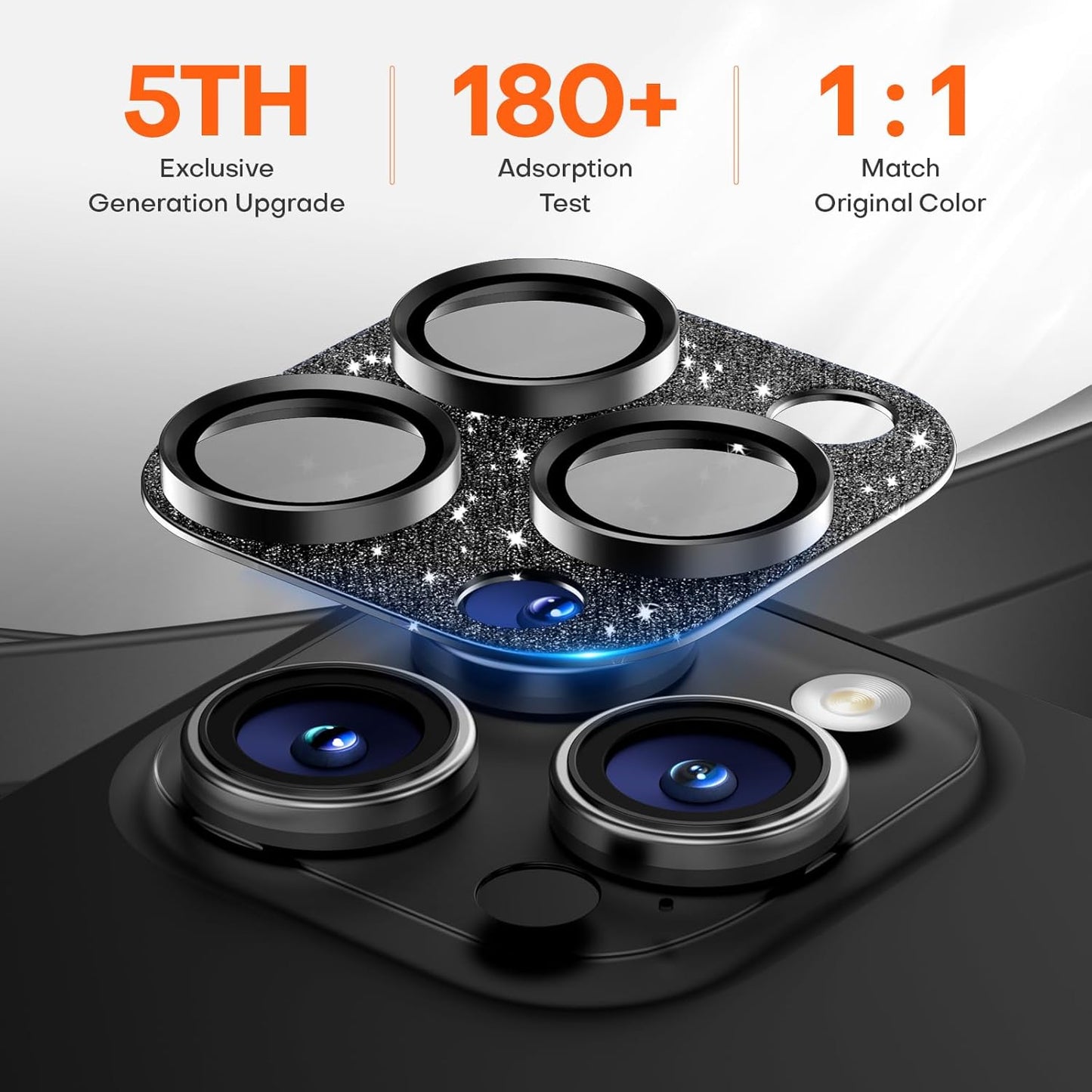 Camera Lens Protector for iPhone 16 Pro Max/16 Pro/15 Pro Max/15 Pro/14 Pro Max/14 Pro, Aluminum Alloy Sapphire Glass Camera Screen Cover, Case Friendly- Glitter Black