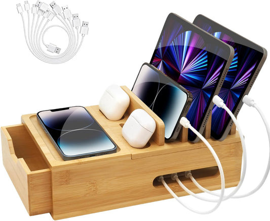 Bamboo Charging Station for Multiple Devices, Desktop Wood Charger Organizer with Drawer & Tray -Included 6 Cables, Compatible with Multi Devices, Cell Phone, Tablet, Earphones (No USB Charger)