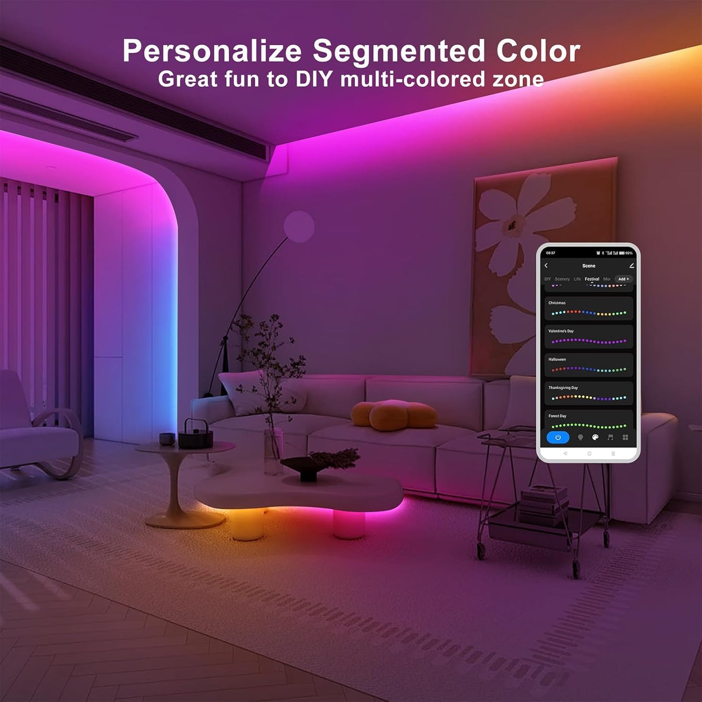 6.56ft Bluetooth RGB+IC COB Led Strip Light with App, Chasing COB Light Strip, Segmented Control, Music Sync, Color Changing Led Lights for Home Decor, Gaming, Cabinet, Desk