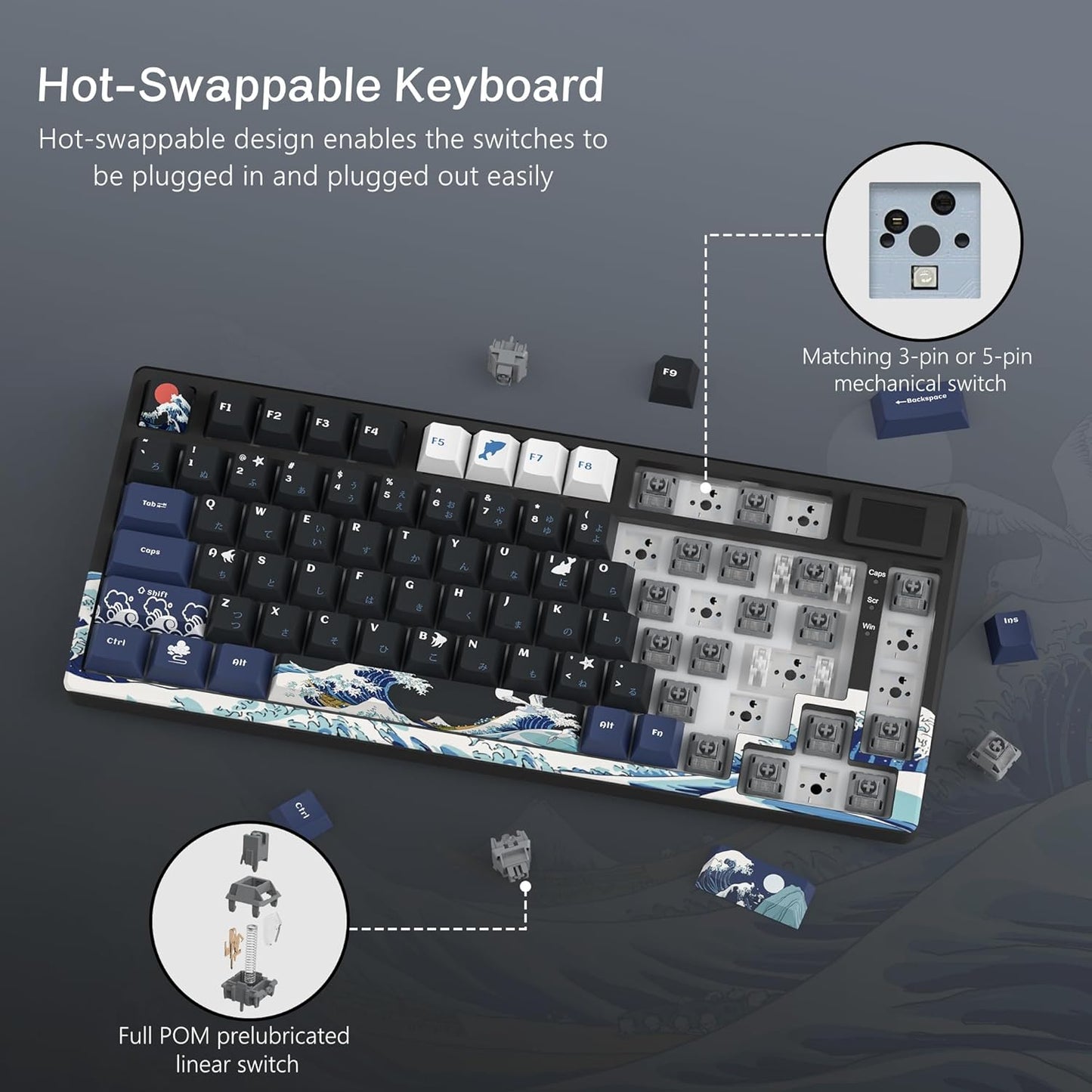 Womier S-K80 75% Keyboard with Color Multimedia Display Mechanical Gaming Keyboard, Wired Hot Swappable Gasket Mount RGB Custom Key Board, Pre-lubed Stabilizer for Mac/Win, Black Kanagawa