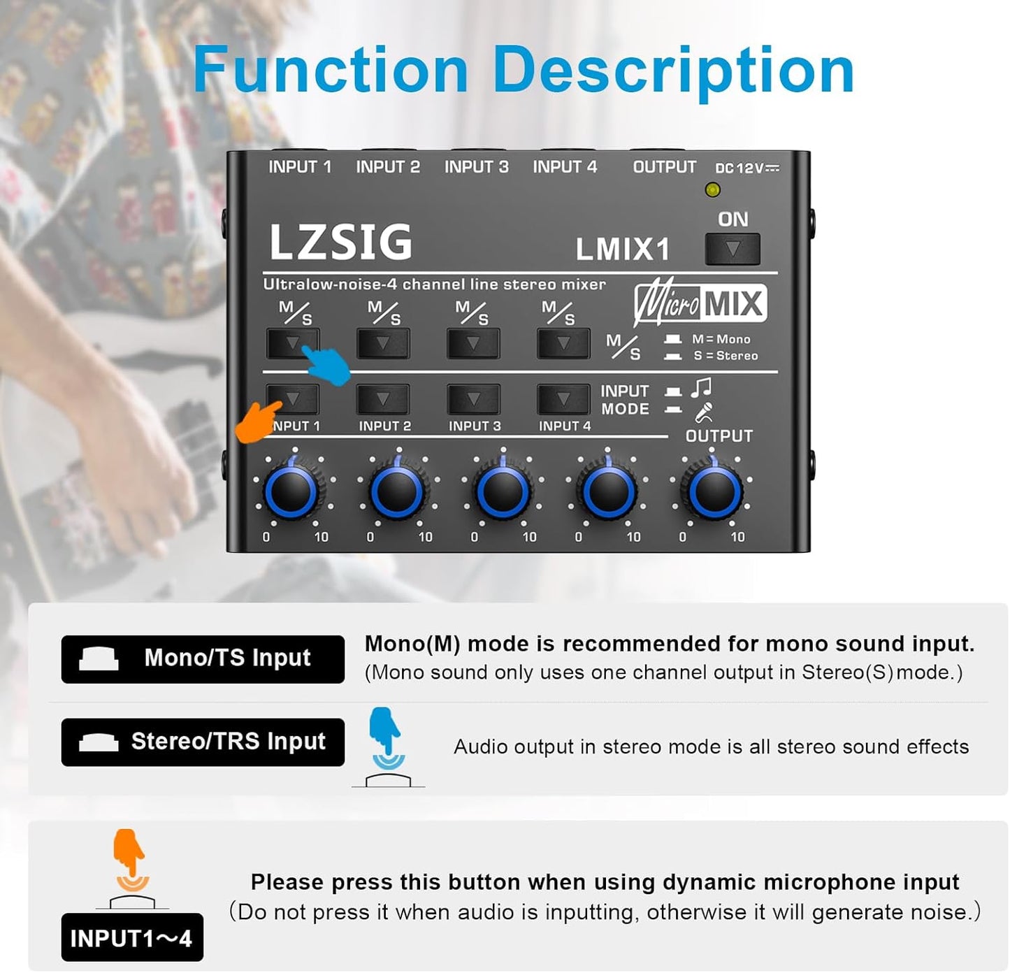 LZSIG Mini Audio Mixer, Stereo Line Mixer for Sub-Mixing, Ultra Low-Noise, 4-Channel, Dynamic Microphone Independent Control, 1/4" & 1/8" TRS Output and Input for Guitars,Bass,Keyboards