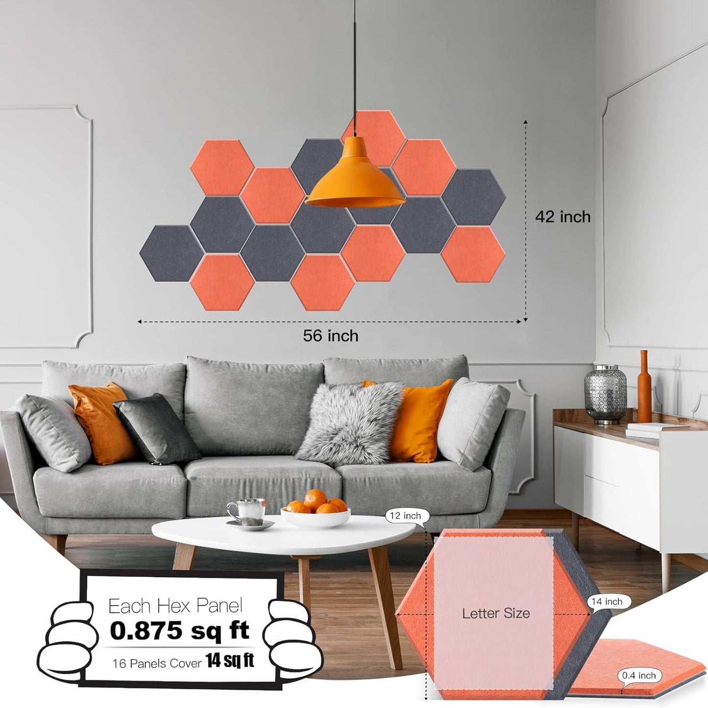 Mollywell Hexagon Acoustic Panels, High Density, Soundproofing, Decorative Noise Reduction Felt Wall Tiles for Ceilings, Home Office & Gaming Room (Moon Gray and Orange), 14x12x0.4 Inch
