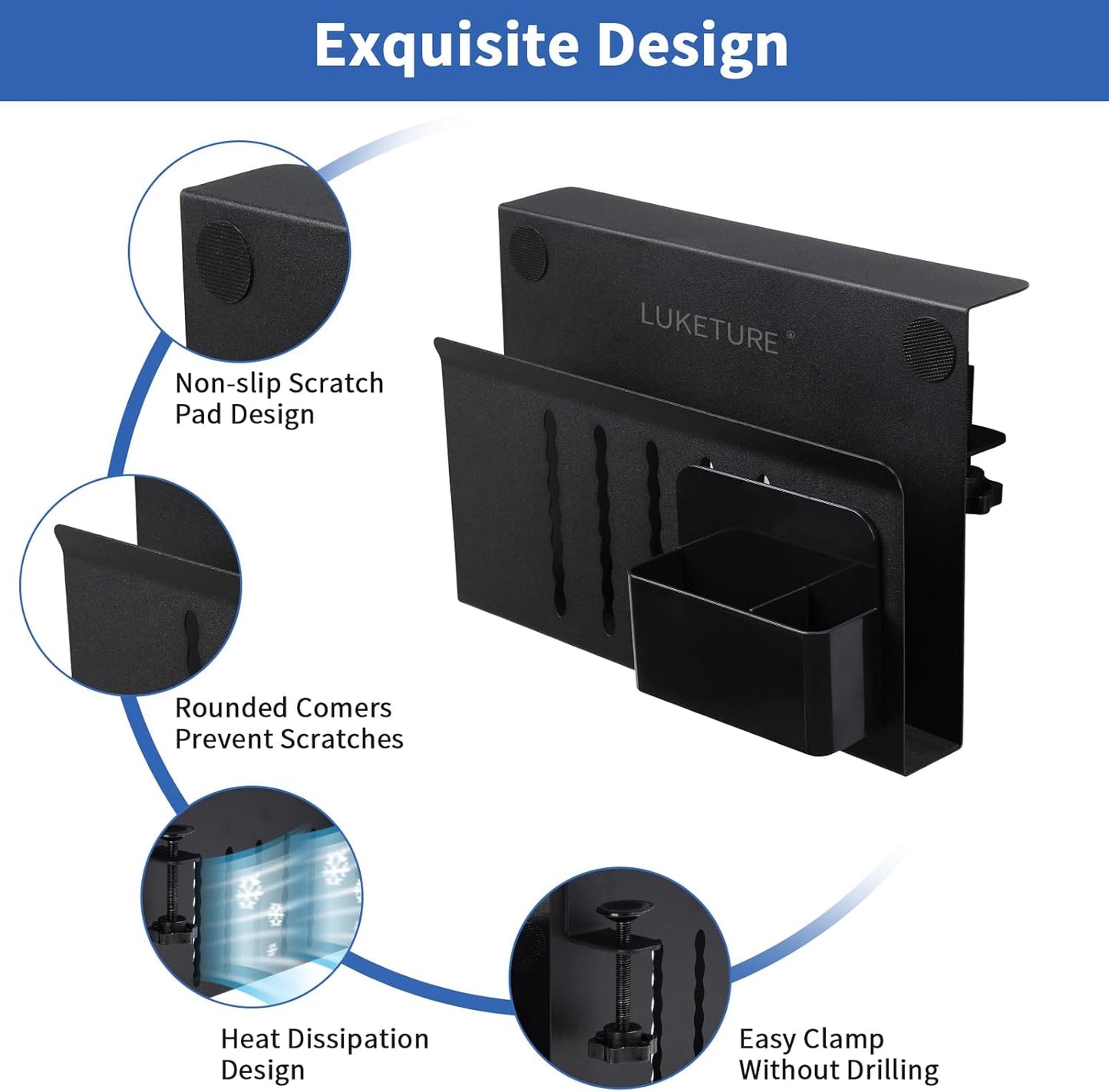 LUKETURE Laptop Holder, Steel Desk Side Storage, No Drill Standing Desk Accessories, Clamp on Laptop Mount with Pen Holder, Fits Flat Edge Tables 0.3" to 2.8" (Black, M(1 Tier))