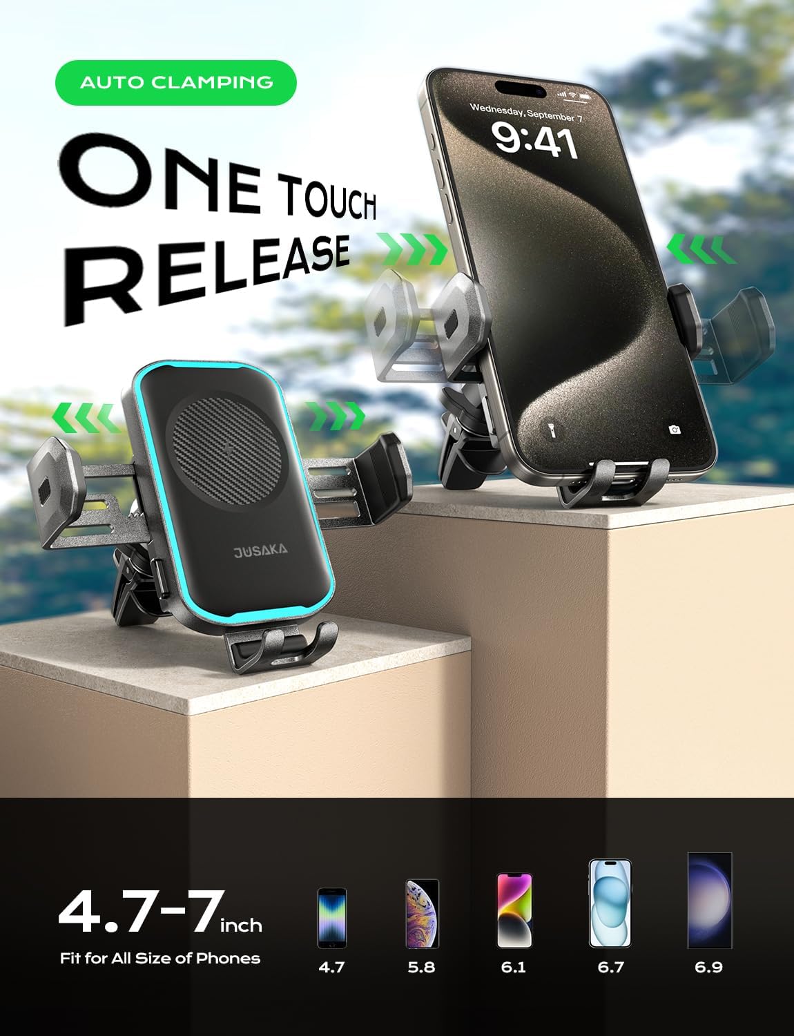 Wireless Car Charger, 15W Fast Charging Auto Clamping Car Phone Holder Mount, [Vent Clip+Suction Cup] Car Phone Holder Wireless Charger with iPhone 16/15/14/13, for Samsung Galaxy Series