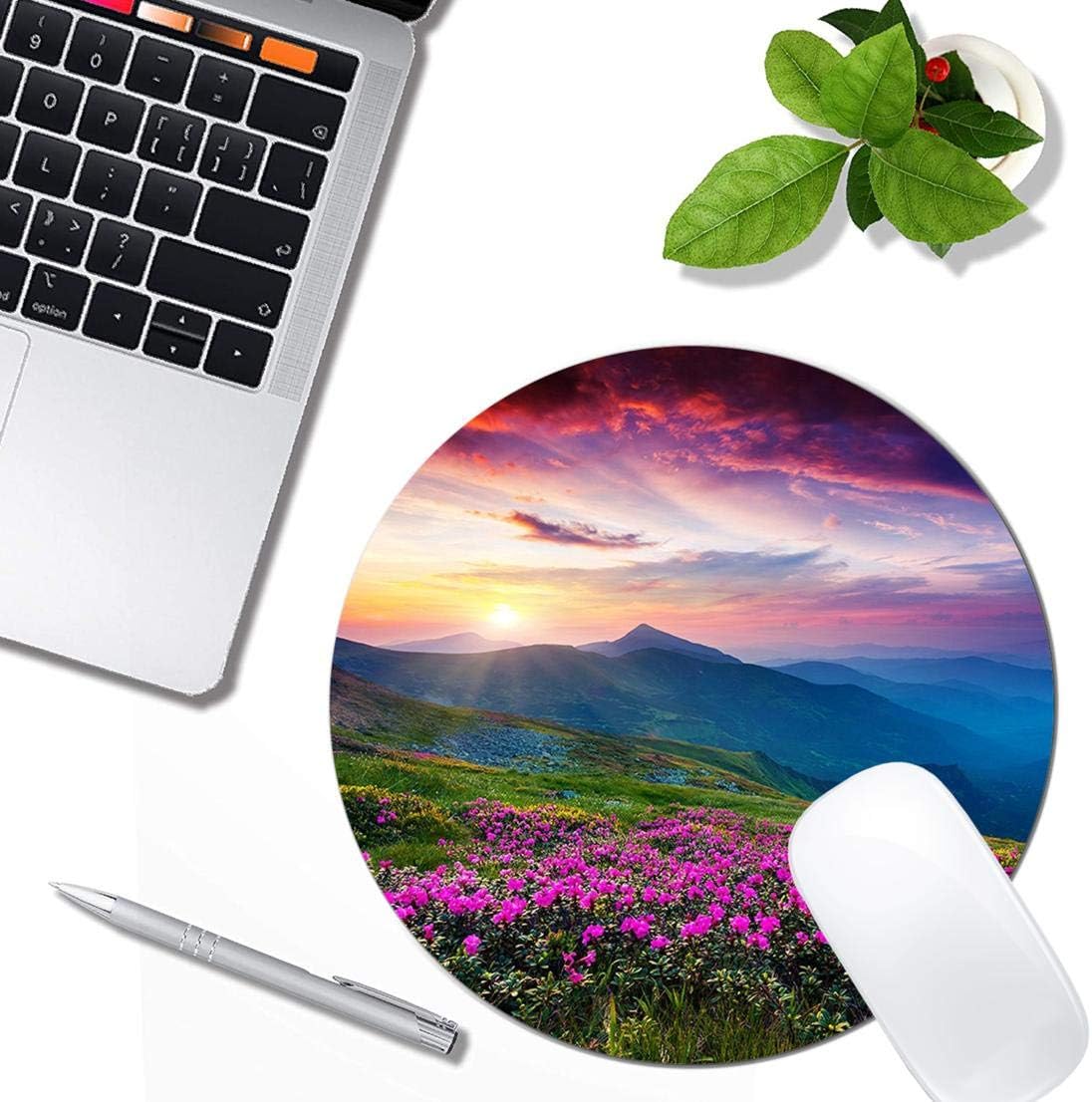 Nature Purple Flowers Meadow Mountain Scenic Mouse Pad Round Non-Slip Rubber Mousepad Laptop Office Computer Decor Cute Desk Accessories Customized Design Mouse Pad