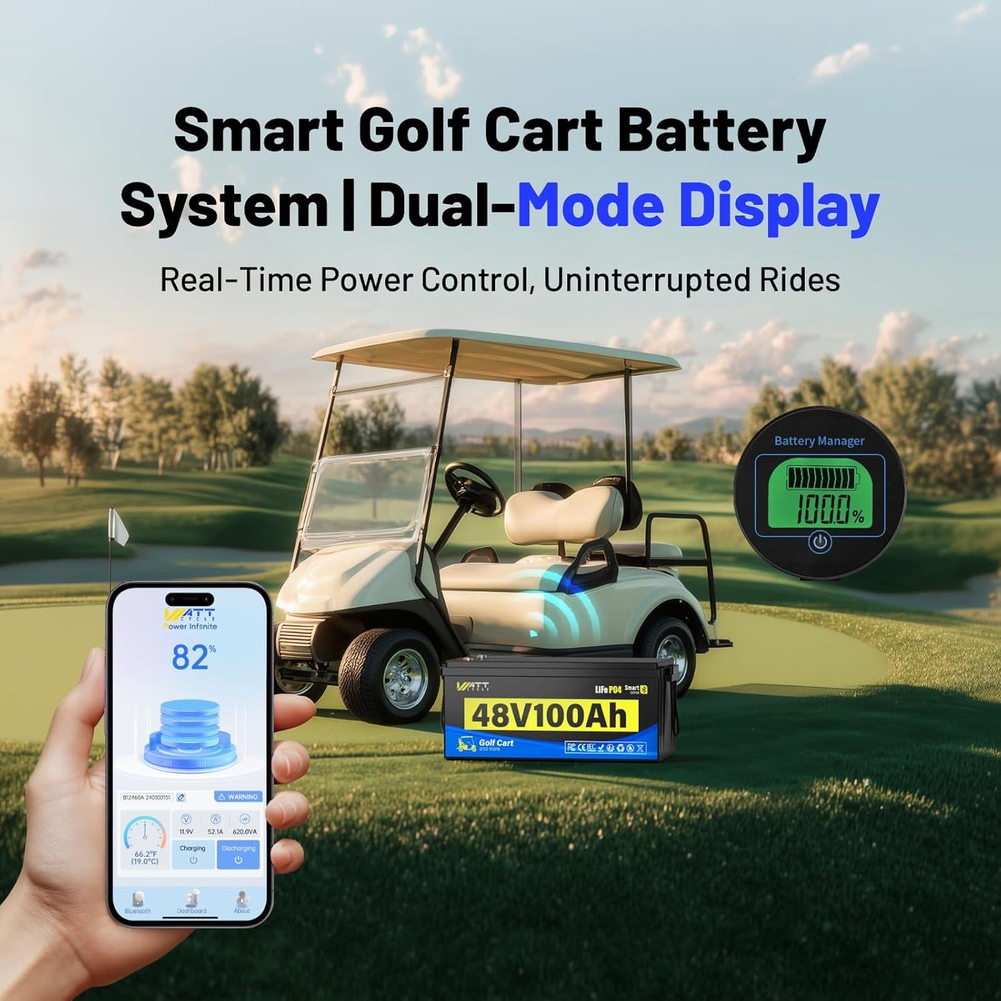 48 Volt Golf Cart Batterys 200A BMS, 48V 100Ah LiFePO4 Lithium Battery with Bluetooth & LCD Display, 15000 deep Cycles, Range of 60 Miles 600A Peak Current for Golf Cart Marine RV