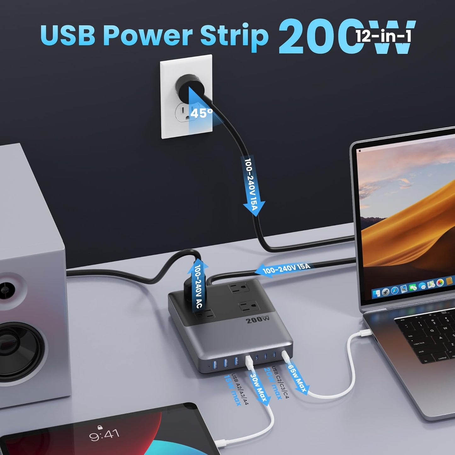 12-in-1 Charging Station USB C Power Strip with 5ft Cord and Plug,200W GaN IV USB C Charger Block,4 AC Outlets,4 USB-A,4 USB-C for MacBook,iPhone 16/15/14,Fast Charging Desktop Charger for Office,Home