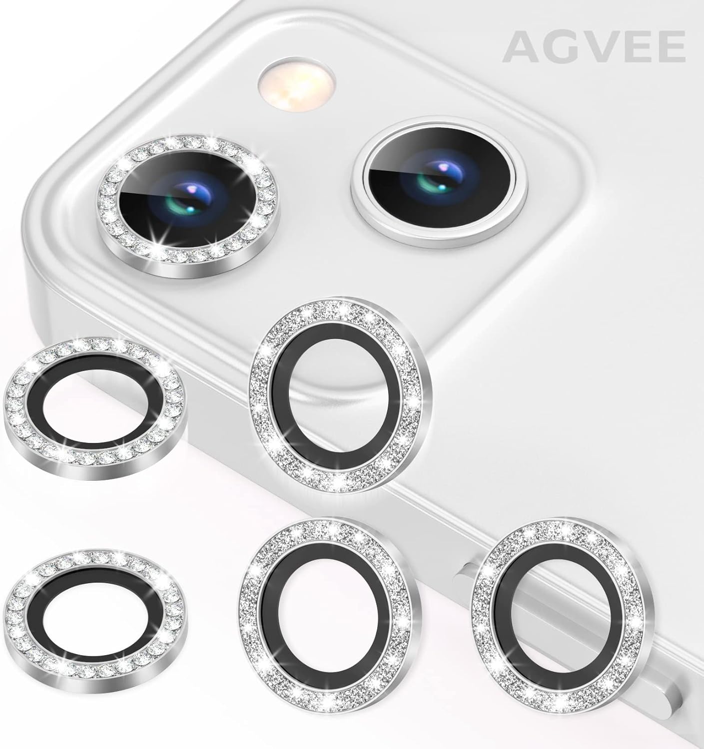 AGVEE 3+3 6 Pack for iPhone 13 6.1 inch / 13 Mini 5.4 inch Camera Lens Protector, Bling Diamond & Bling Glitter Metal Ring 9H Tempered HD Glass Camera Protector Cover Film, Bling-Silver