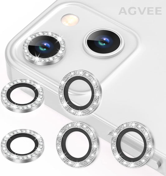 AGVEE 3+3 6 Pack for iPhone 13 6.1 inch / 13 Mini 5.4 inch Camera Lens Protector, Bling Diamond & Bling Glitter Metal Ring 9H Tempered HD Glass Camera Protector Cover Film, Bling-Silver