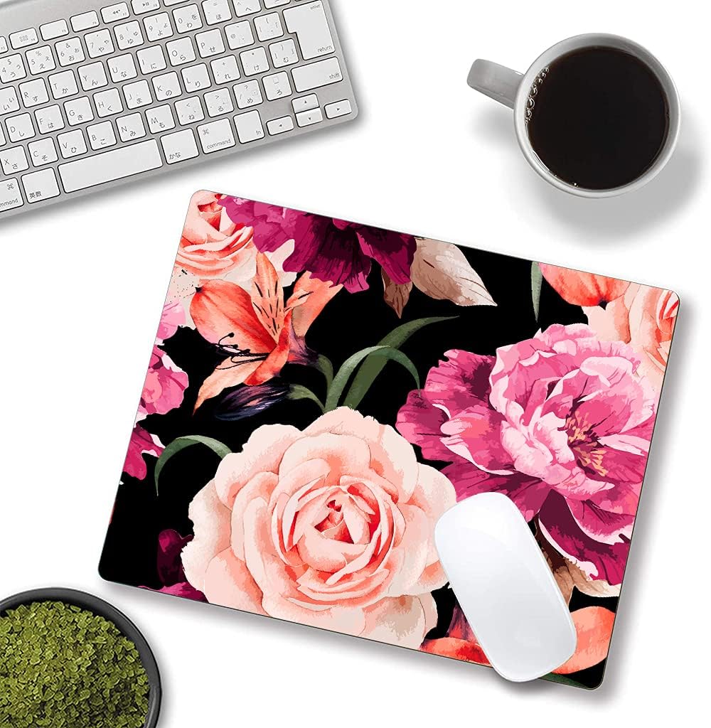 Watercolor Rose Flower Mouse Pad, Floral Mouse Pad Custom Design, Square Waterproof Mouse Pad Non-Slip Rubber Base MousePads for Office Laptop, 9.5x7.9x0.12 Inch